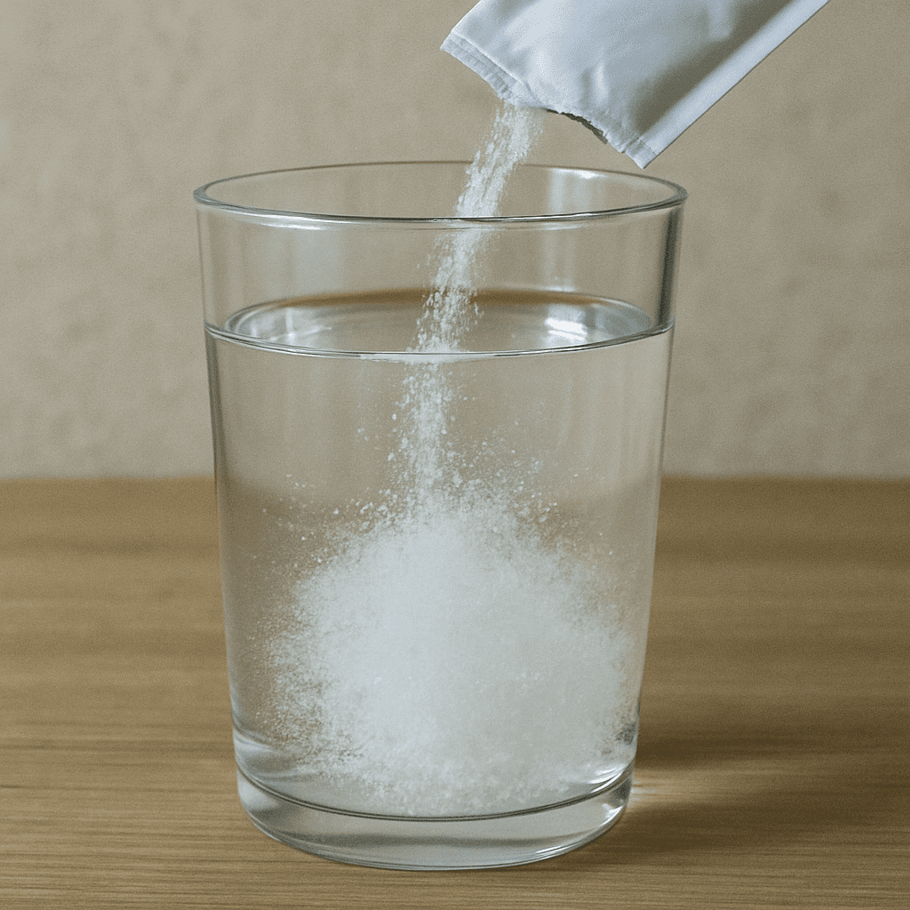 Ein Glas Wasser, in dem gerade ein Granulatbeutel aufgelöst wird