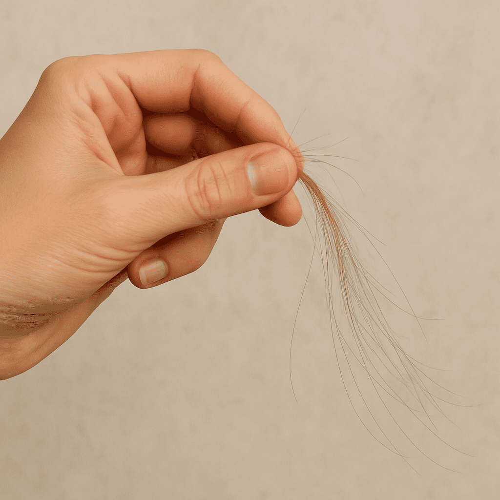 Eine Hand, die sanft ein Haarbüschel zwischen Daumen und Zeigefinger hält und leicht zieht (Demonstration des Pull-Tests).