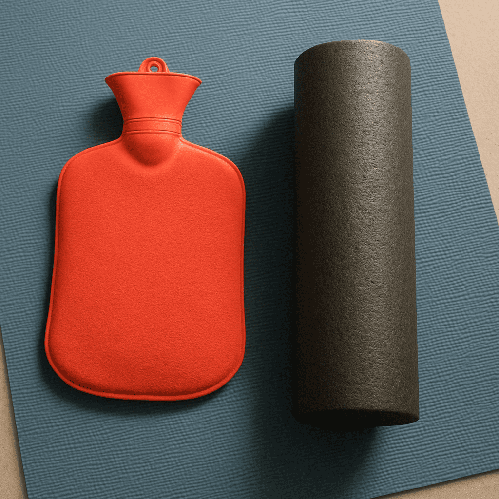 Eine warme Wärmflasche neben einer Faszienrolle auf einer Gymnastikmatte.