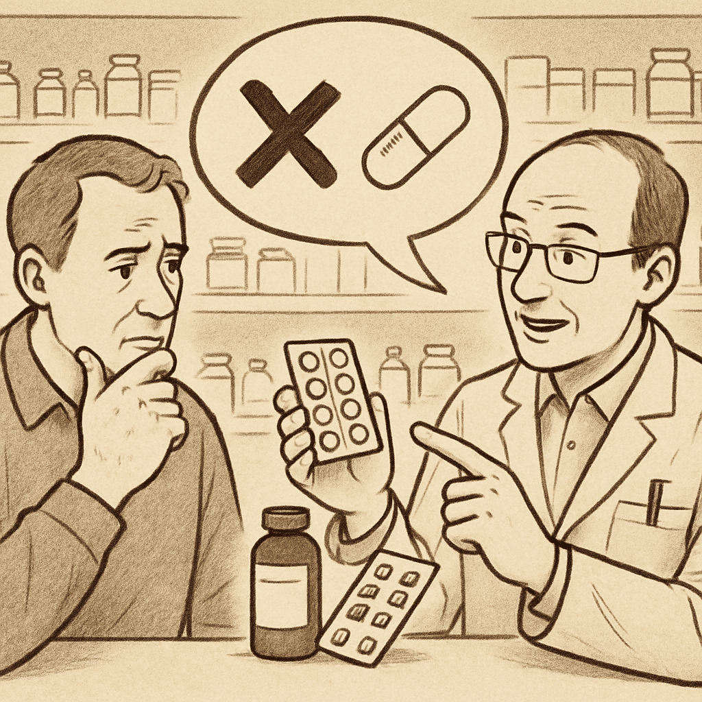 Ein Apotheker, der einen Patienten kompetent über Medikamentenwechselwirkungen berät