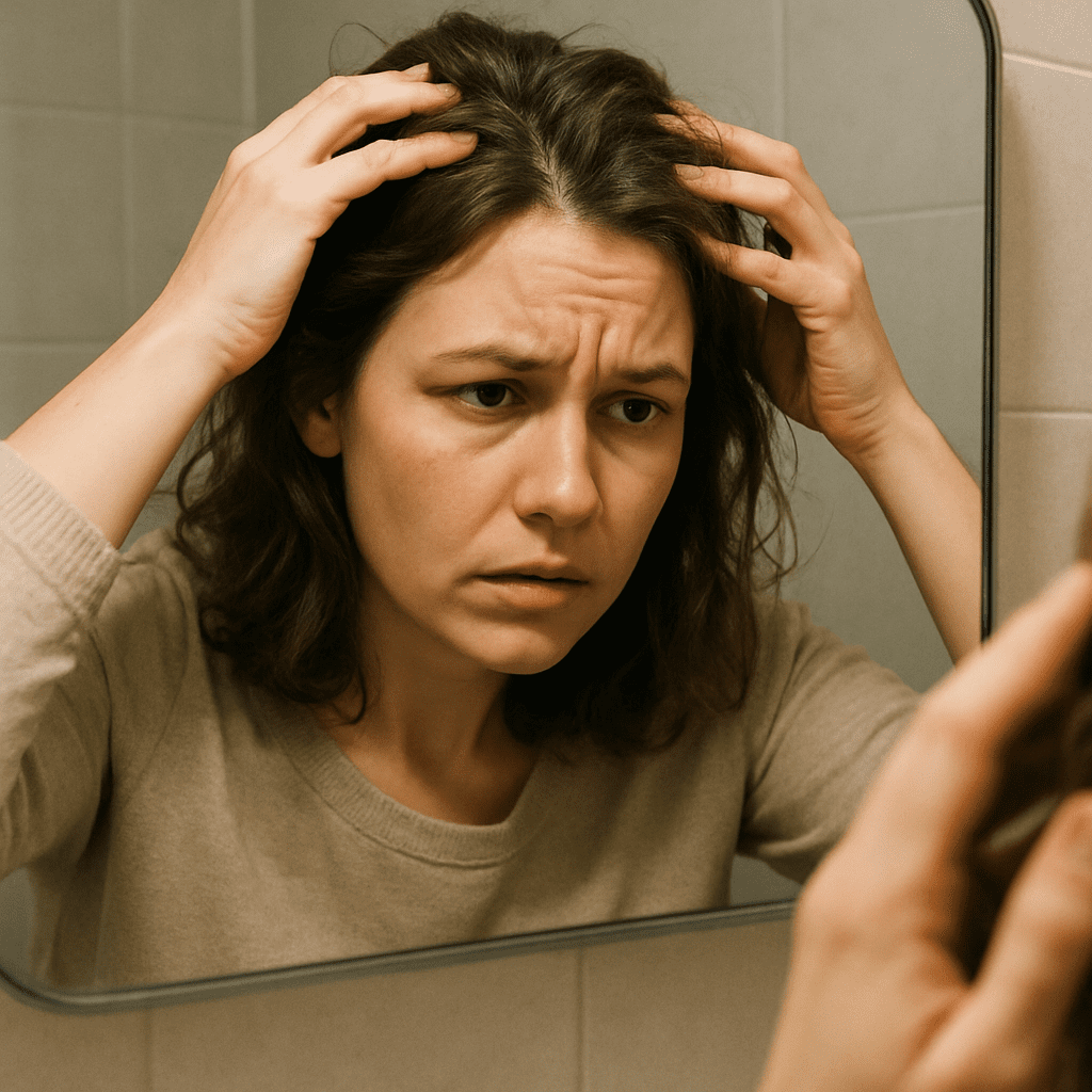 Eine Frau betrachtet besorgt ihre Haare im Spiegel