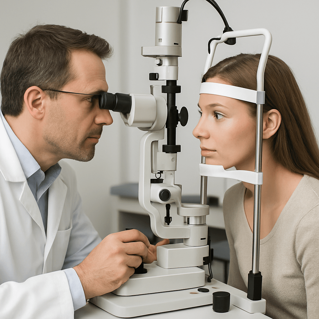 An ophthalmologist examines a patient at a modern slit lamp microscope