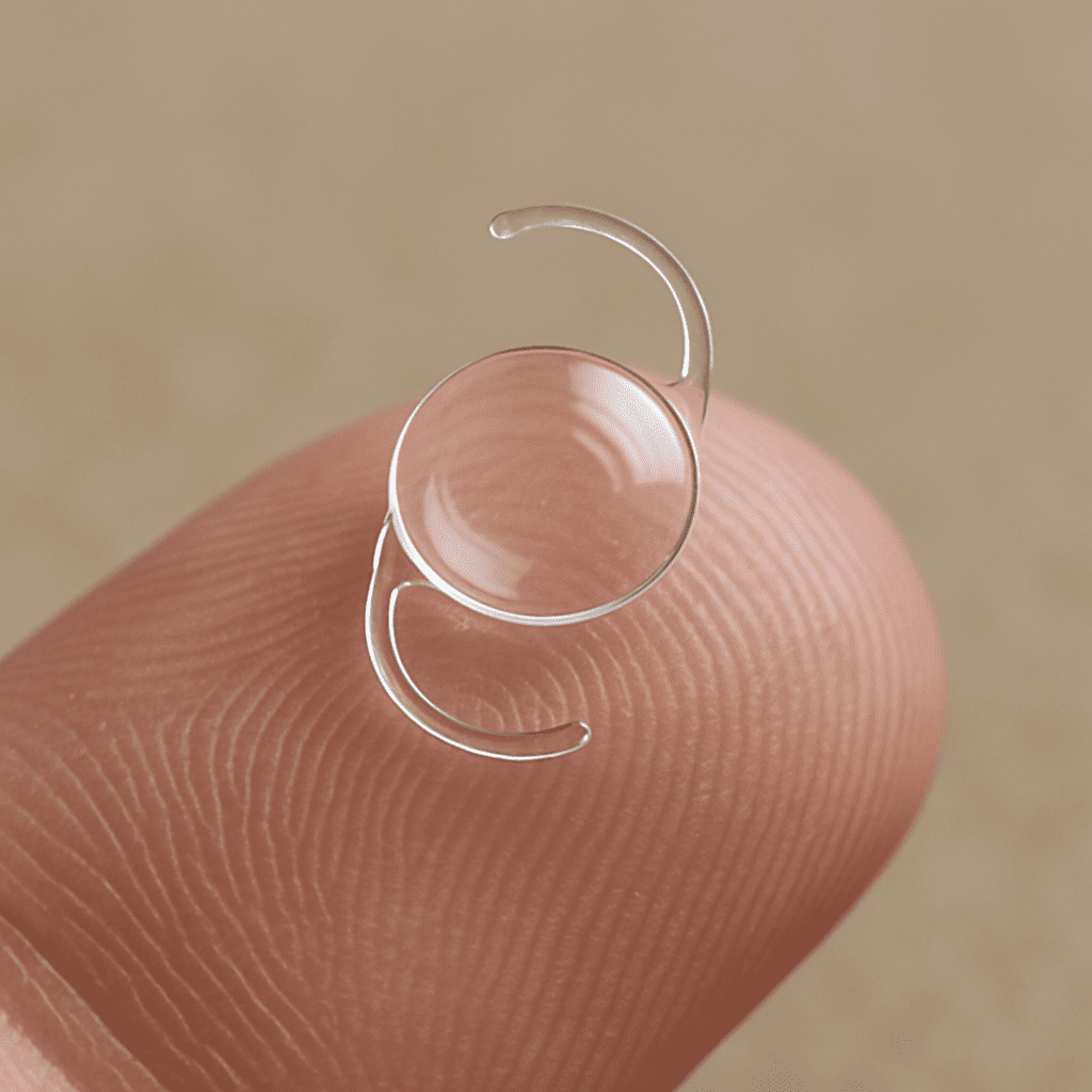 Close-up of a tiny, transparent artificial intraocular lens (IOL) on a fingertip
