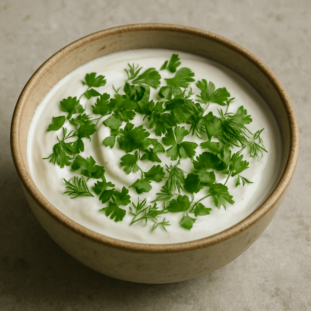 Eine Schüssel mit probiotischem Naturjoghurt und frischen Kräutern