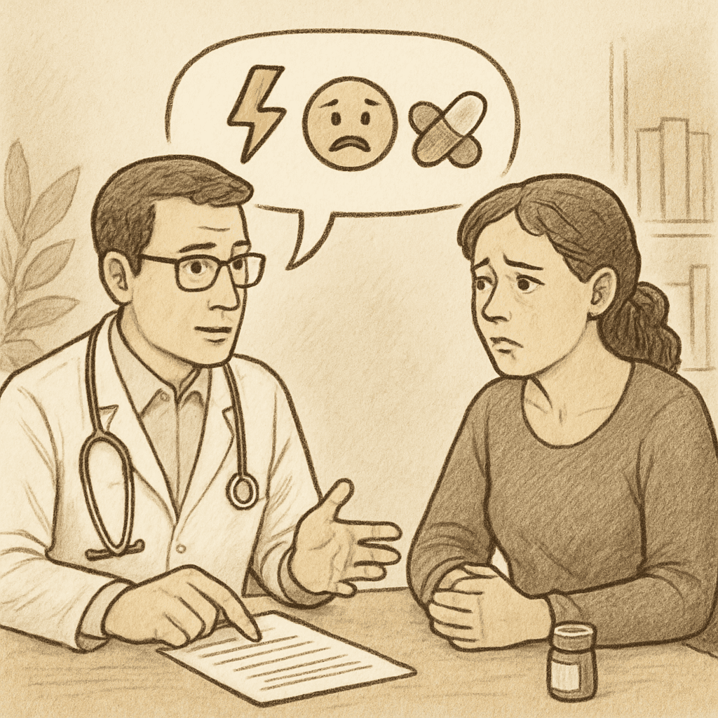 Ein Arzt bespricht mit einer Patientin die möglichen Nebenwirkungen und Wechselwirkungen ihrer neuen Medikamente