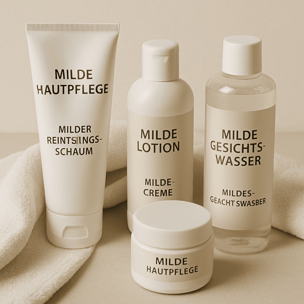 Verschiedene milde Hautpflegeprodukte und ein weiches Handtuch