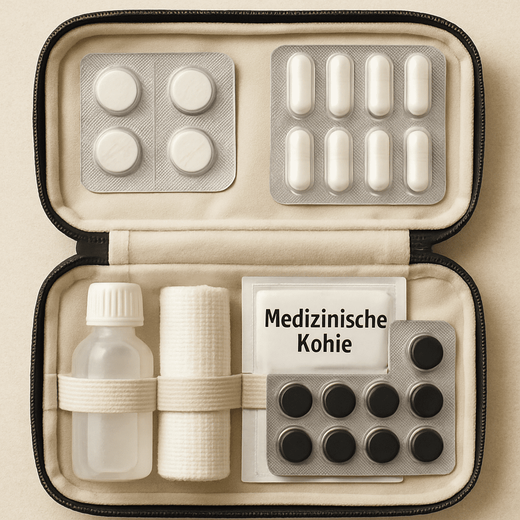 Gut sortierte Reiseapotheke mit Blisterpackungen und medizinischer Kohle