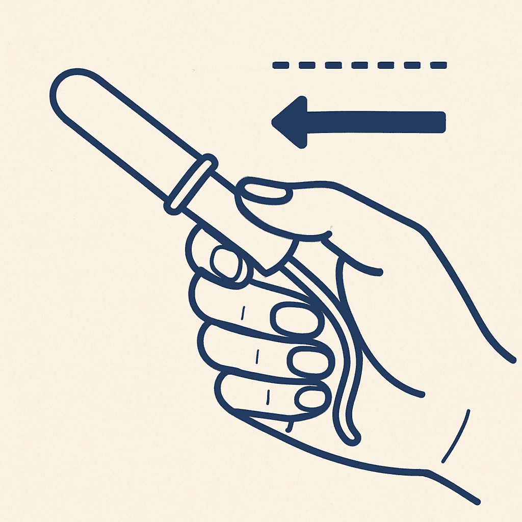 Ein Diagramm, das eine Hand zeigt, die den Applikator richtig hält, mit einer visuellen Anzeige, wie weit er eingeföhrt werden soll.