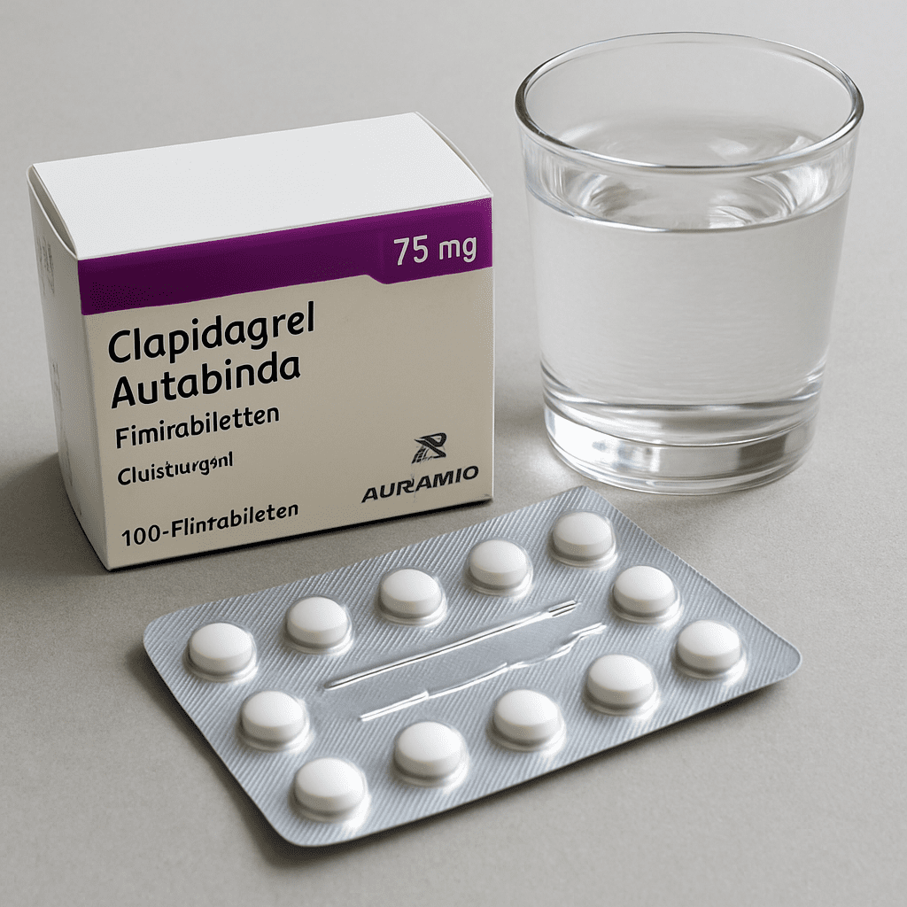 Blisterpackung von Clopidogrel Aurobindo 75 mg neben einem Glas Wasser
