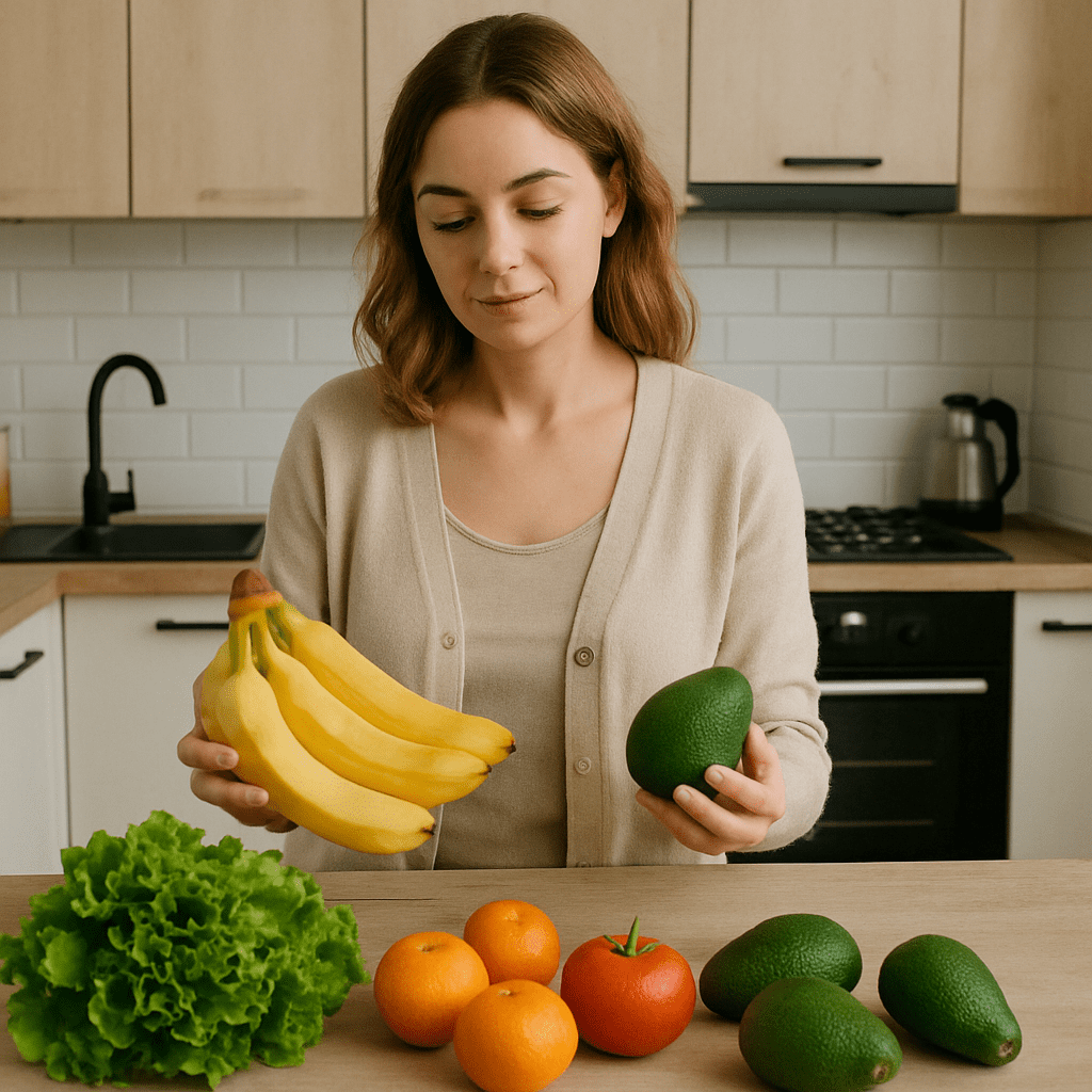 Eine Frau begutachtet verschiedene frische Lebensmittel wie Bananen und Avocados in ihrer Küche