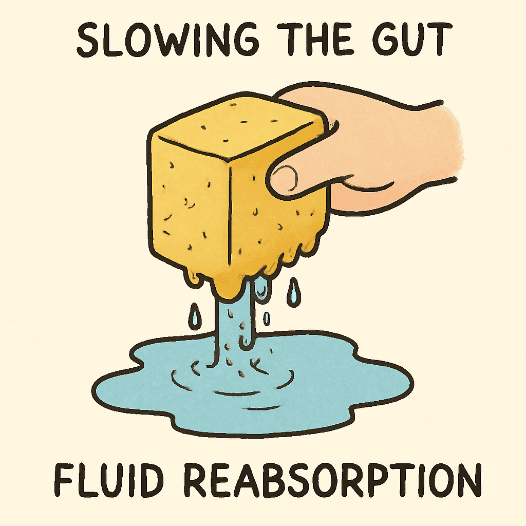 Ein weicher Schwamm, der Wasser aufsaugt, um zu veranschaulichen, wie eine Verlangsamung des Darms die Flüssigkeitsrückresorption ermöglicht.