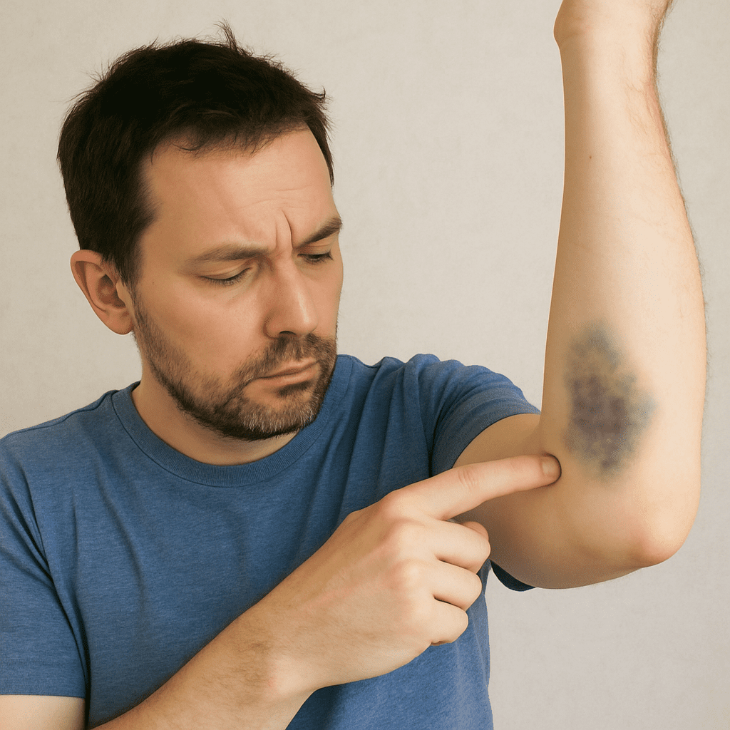 Patient prüft seinen Arm auf blaue Flecken