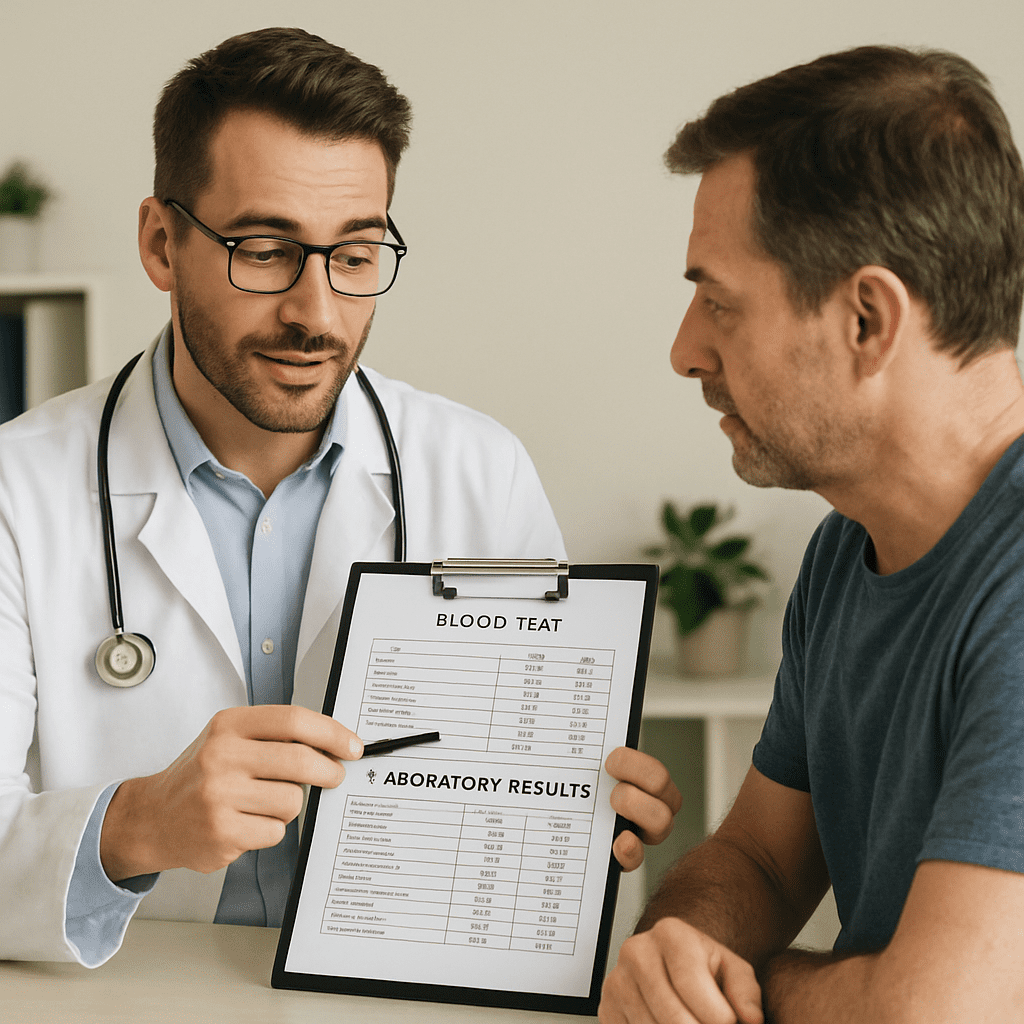 Arzt bespricht Blutbild und Laborwerte mit einem Patienten