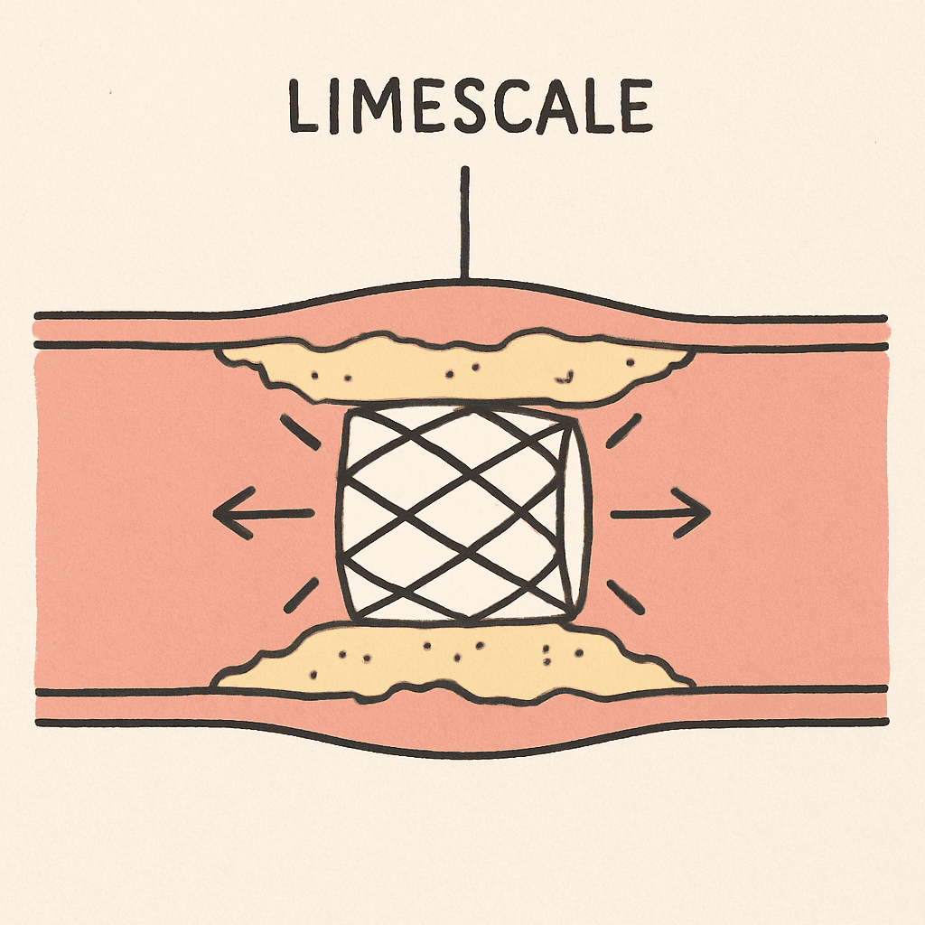 A simple illustration of a tiny wire mesh (stent) expanding inside a tube, pushing 'limescale' against the walls.