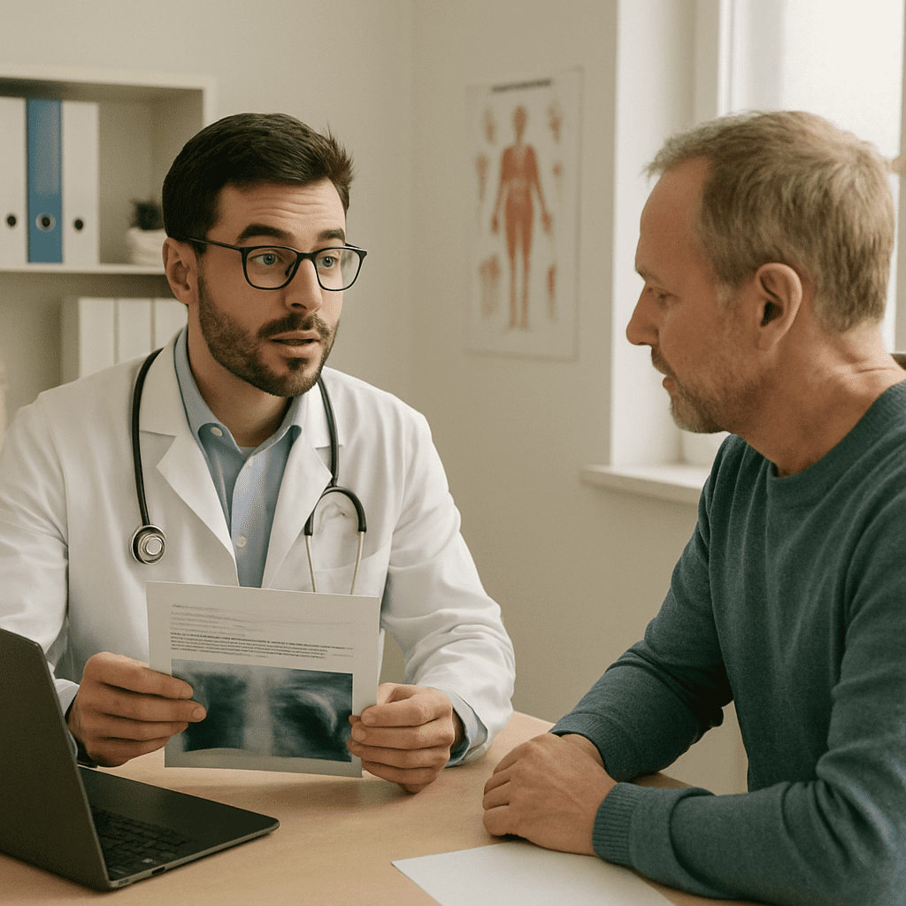 Ein Arzt bespricht Befunde mit einem Patienten im Sprechzimmer