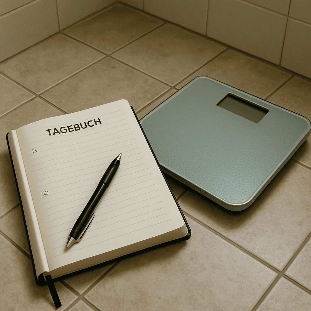 Ein Tagebuch, ein Stift und eine Personenwaage auf dem Boden eines Badezimmers
