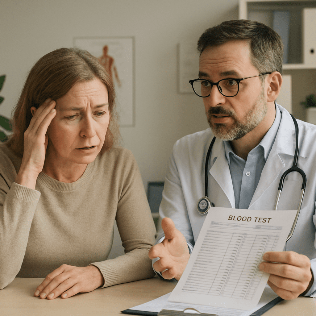 Patientin bespricht mit ihrem Arzt die Symptome und Blutwerte in einer Praxis
