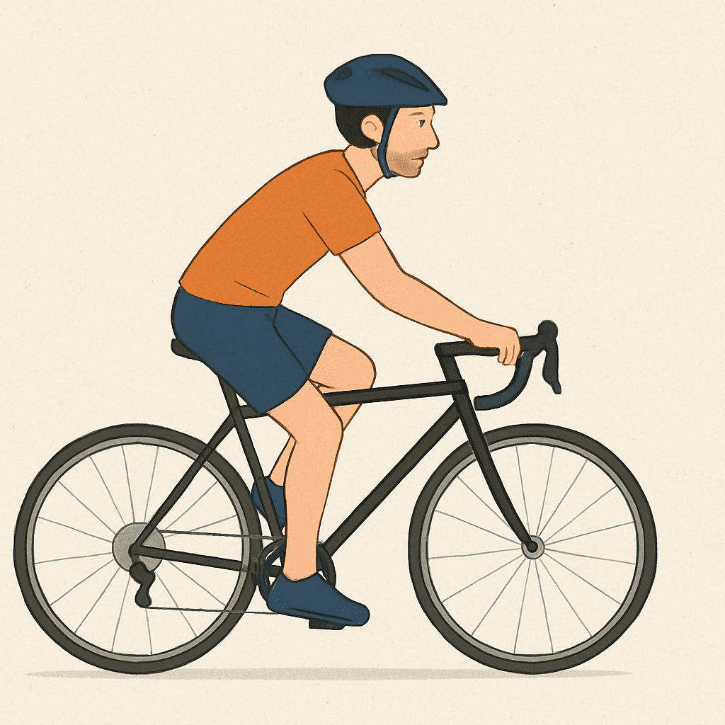 Eine Person auf einem Fahrrad in einer ergonomischen Position, die sanft in die Pedale tritt.
