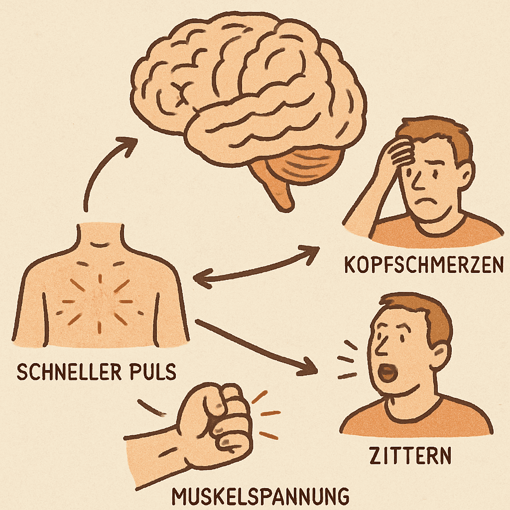 Eine Grafik, die die Verbindung zwischen Gehirn und körperlichen Stressreaktionen zeigt