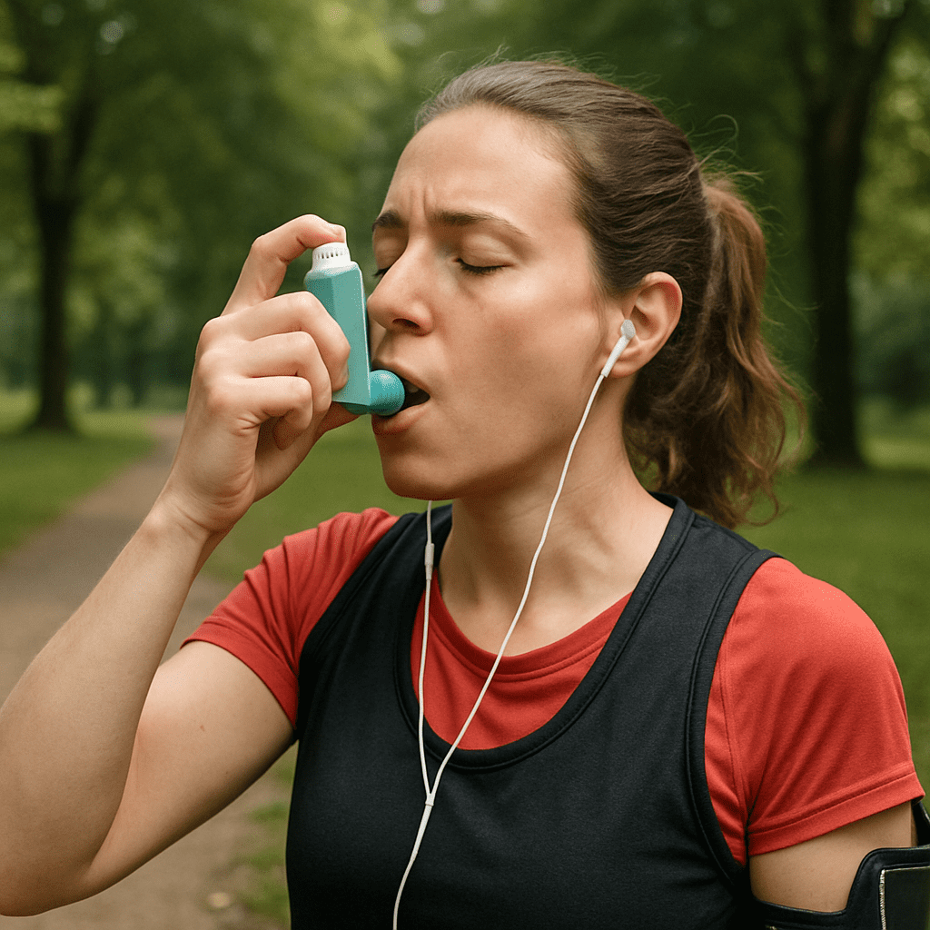 Eine sportliche Person, die vor dem Joggen im Park ihr Notfallspray benutzt