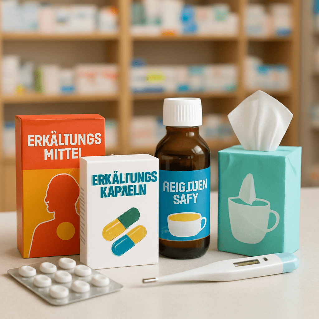 Verschiedene Erkältungsmedikamente, Taschentücher und ein Fieberthermometer im Vergleich auf einer Apotheken-Theke