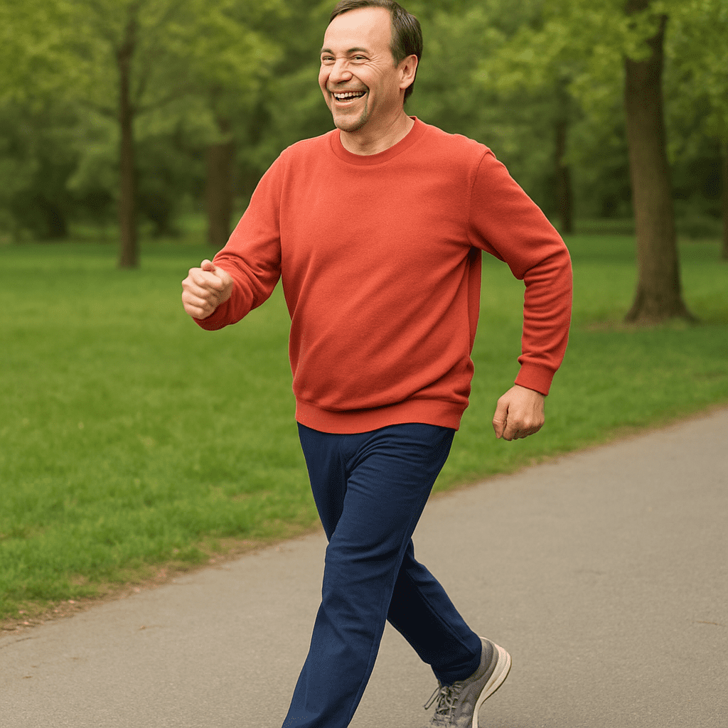 Eine Person mittleren Alters, die zügig in einem Park spazieren geht, mit sichtbarer Freude an der Bewegung.