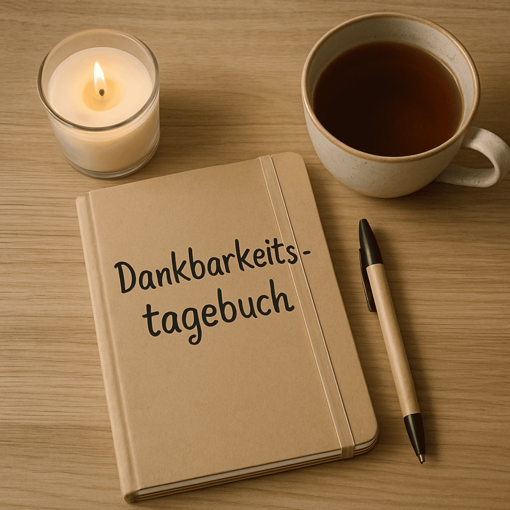 Ein Notizbuch mit der Aufschrift 'Dankbarkeitstagebuch' neben einer brennenden Kerze und einer Tasse Tee