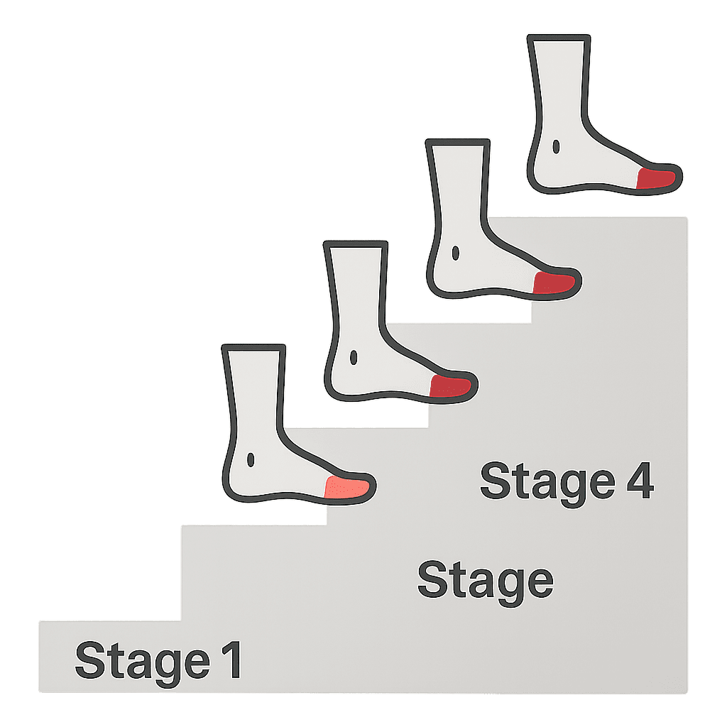 A simple 4-step staircase graphic labeled Stage 1 to Stage 4, showing a leg icon becoming increasingly 'red' or 'dark' at the tip of the toes.