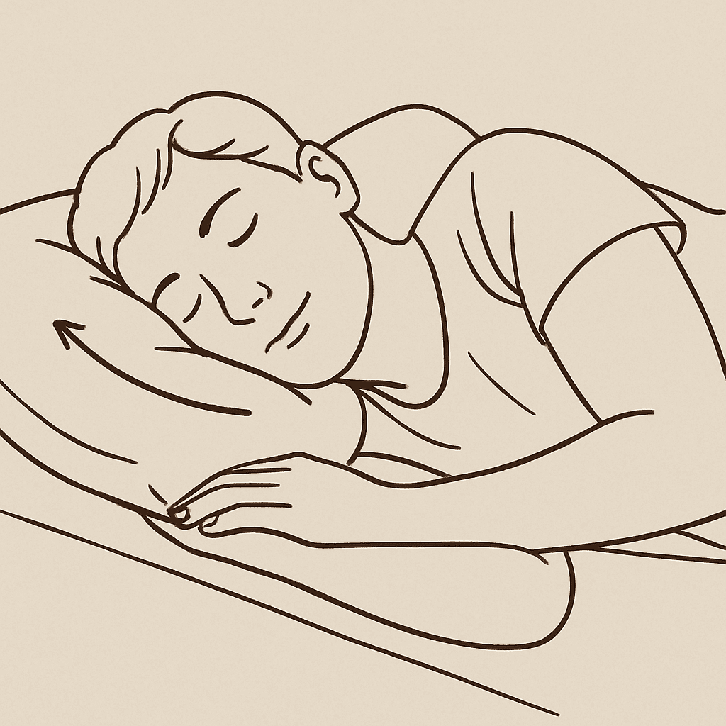 Eine Person, die entspannt auf der Seite schläft, wobei die Kopfposition durch ein Kissen unterstützt wird – als Hinweis auf ergonomisches Schlafen.
