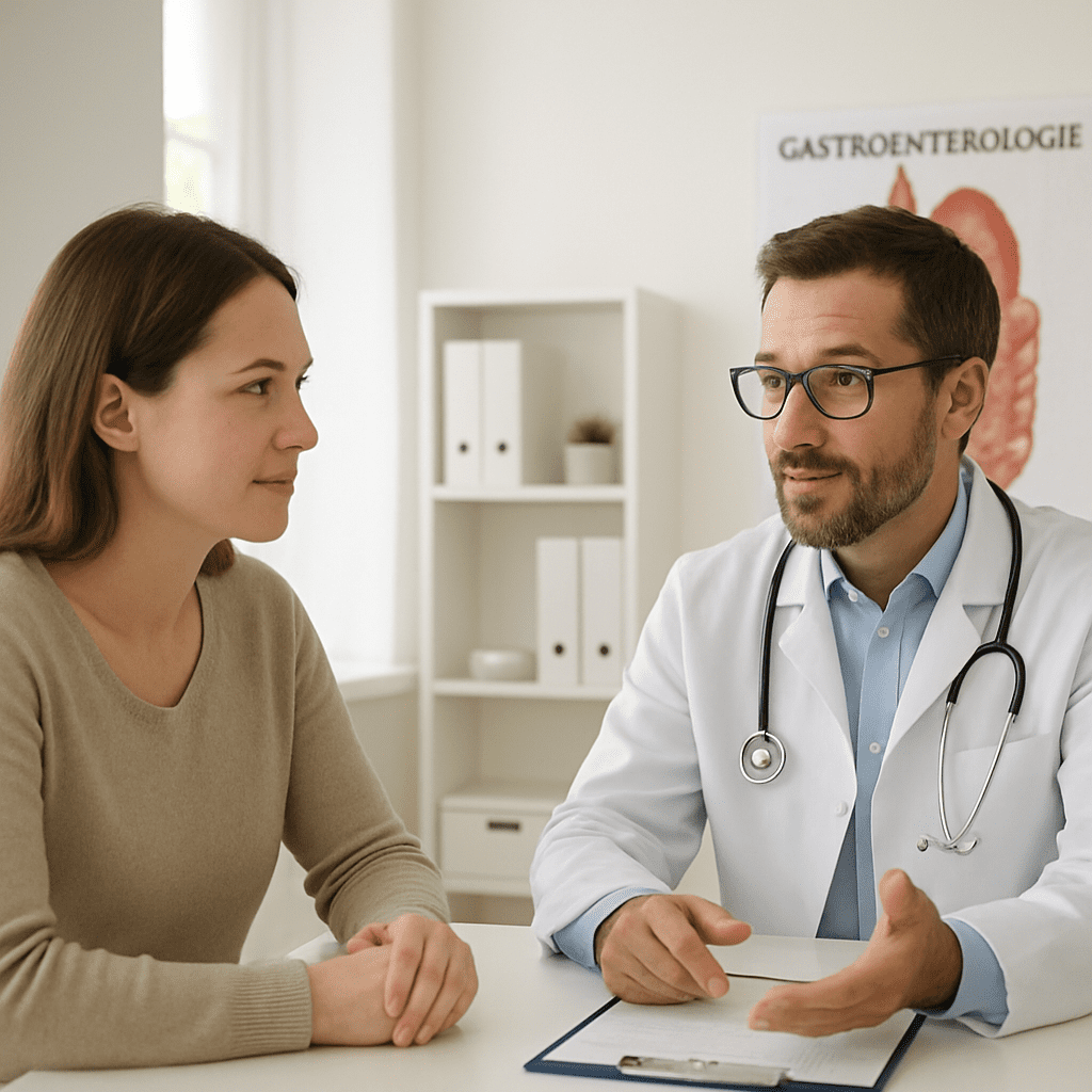 Patientin im vertrauensvollen Gespräch mit einem Gastroenterologen in einer hellen Praxis