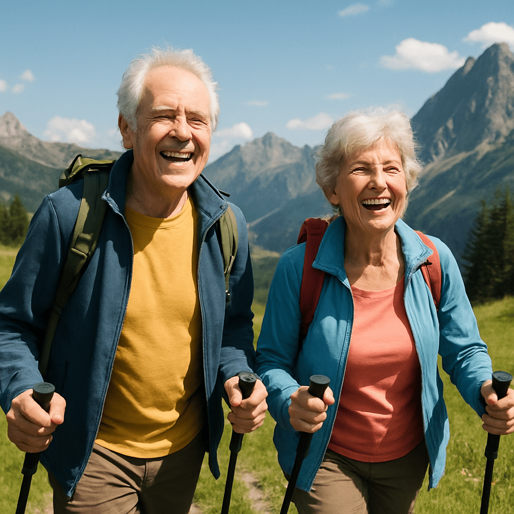 An active, older couple is hiking beamingly in sunny weather in the mountains.