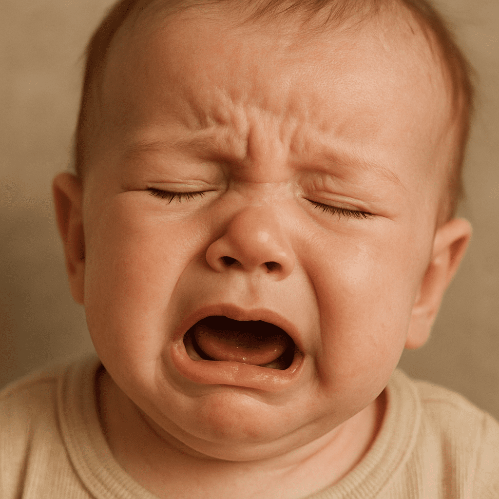 Eine Nahaufnahme des Gesichts eines Babys, das trockene Augen (keine Tränen) beim Weinen zeigt, um ein wichtiges Dehydrierungszeichen zu veranschaulichen.