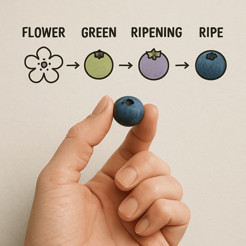 A hand holding a small soft fruit to symbolize consistency and size compared to the stages.