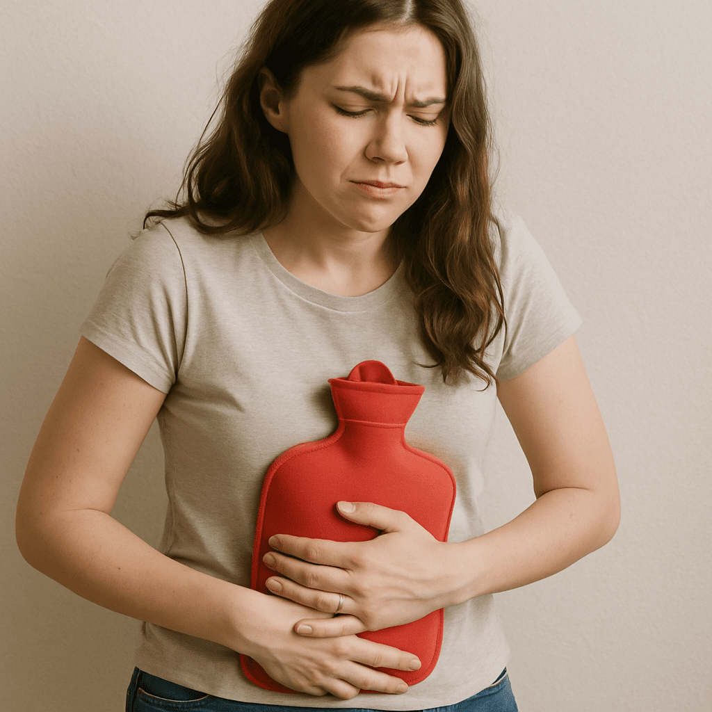 Junge Frau mit Bauchschmerzen hält sich eine Wärmflasche an den Bauch