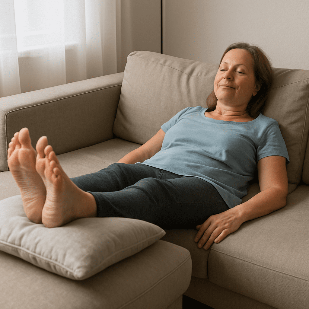 Patientin liegt entspannt auf dem Sofa und legt die Beine hoch zur Vermeidung von Ödemen