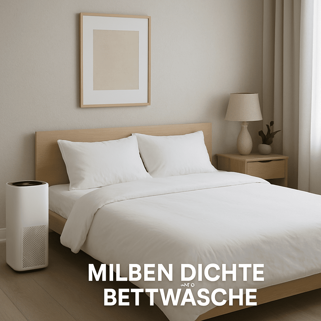 Ein modernes Schlafzimmer mit Luftreiniger und milbendichter Bettwäsche