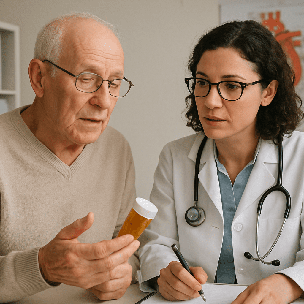 Älterer Patient bespricht seine Medikation mit einer Kardiologin