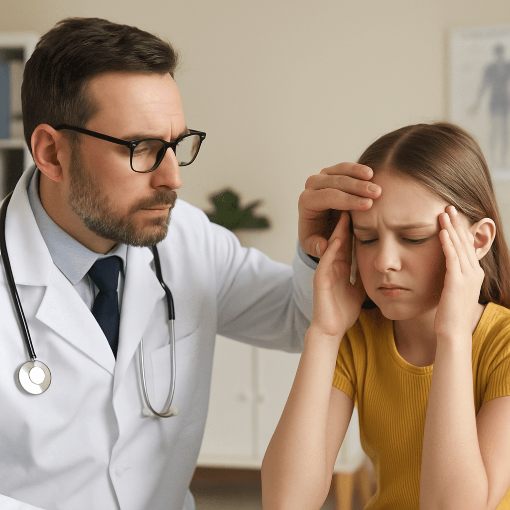 A doctor is examining a young girl who is complaining of headaches.