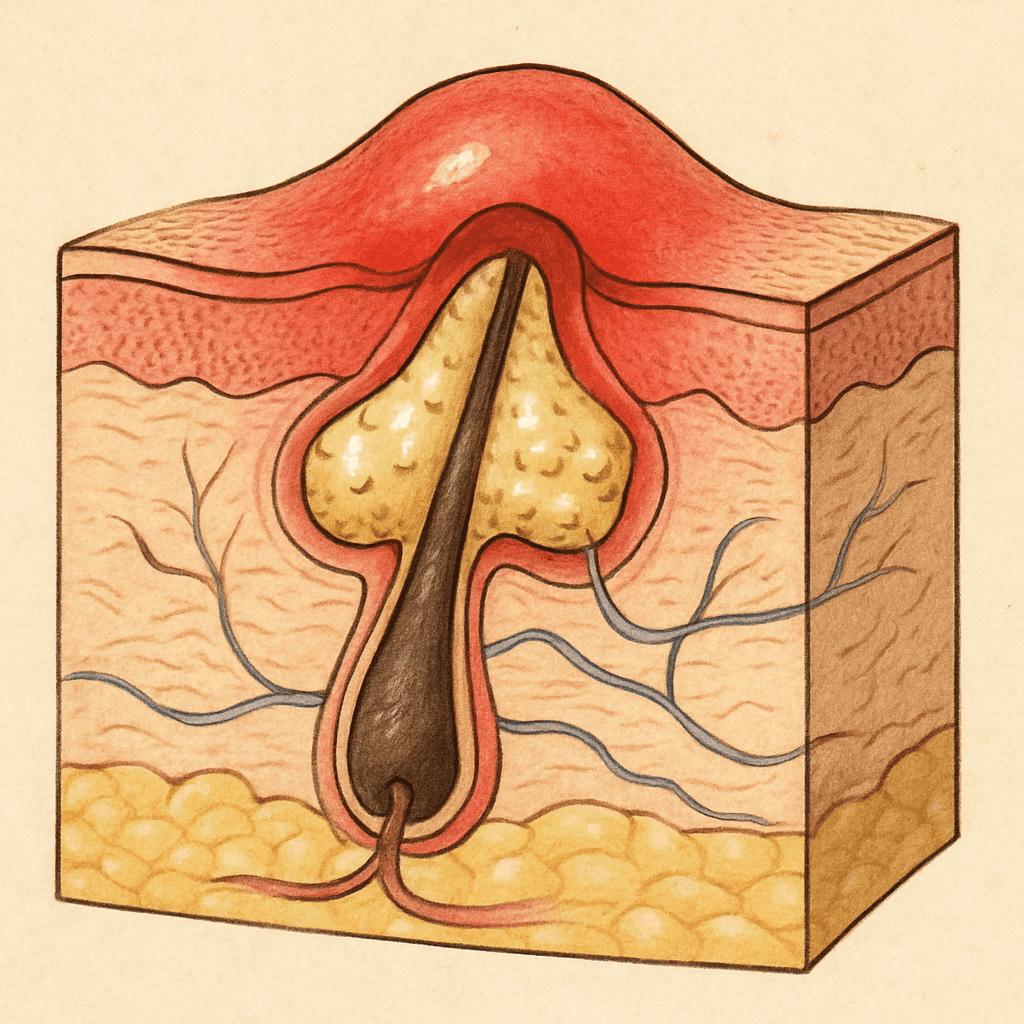 Anatomische Darstellung einer entzündeten Talgdrüse und eines Pickels