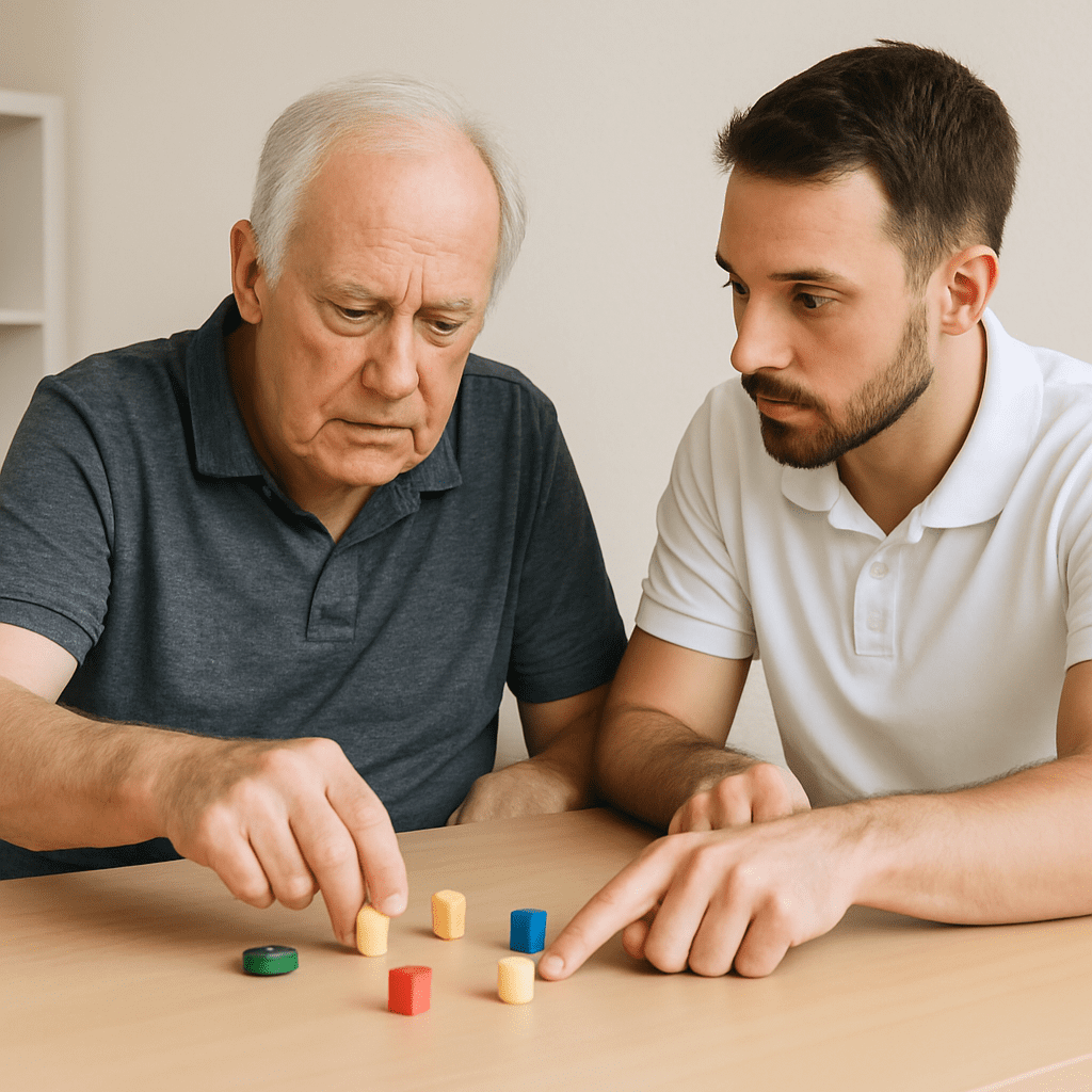 Ein Therapeut übt mit einem älteren Schlaganfallpatienten an einem Tisch das Greifen von kleinen Gegenständen