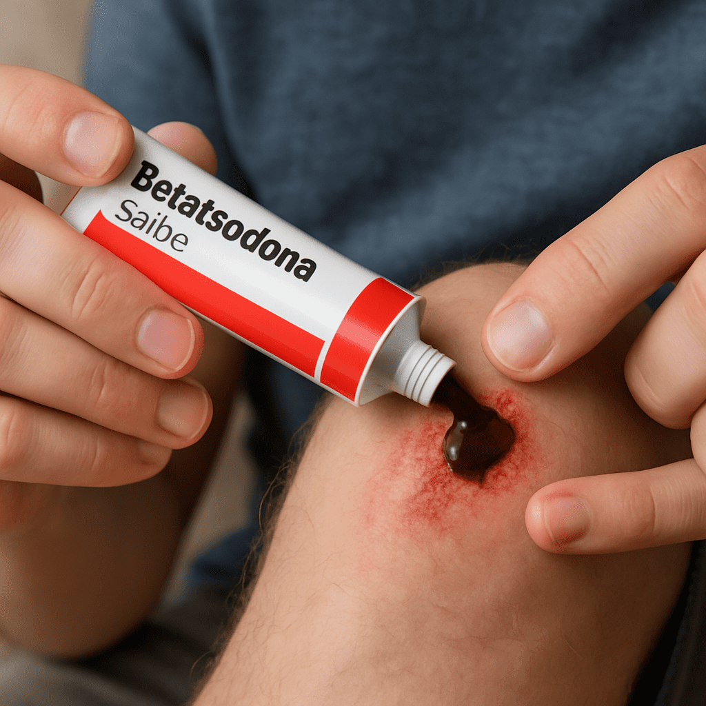 Eine Person trägt vorsichtig Betaisodona Salbe auf eine kleine Schürfwunde auf