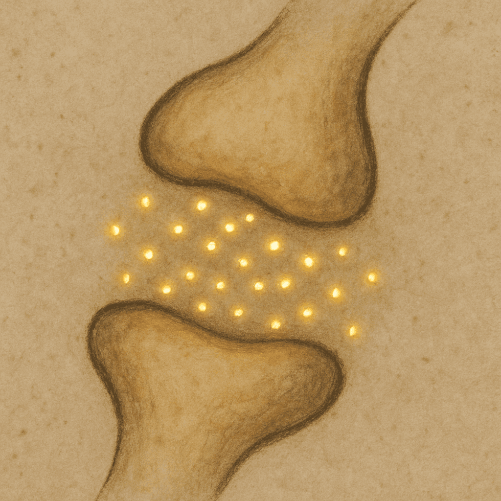 A simple artistic representation of two points with a small gap, where small glowing dots are trying to cross over, symbolizing neurotransmitters.