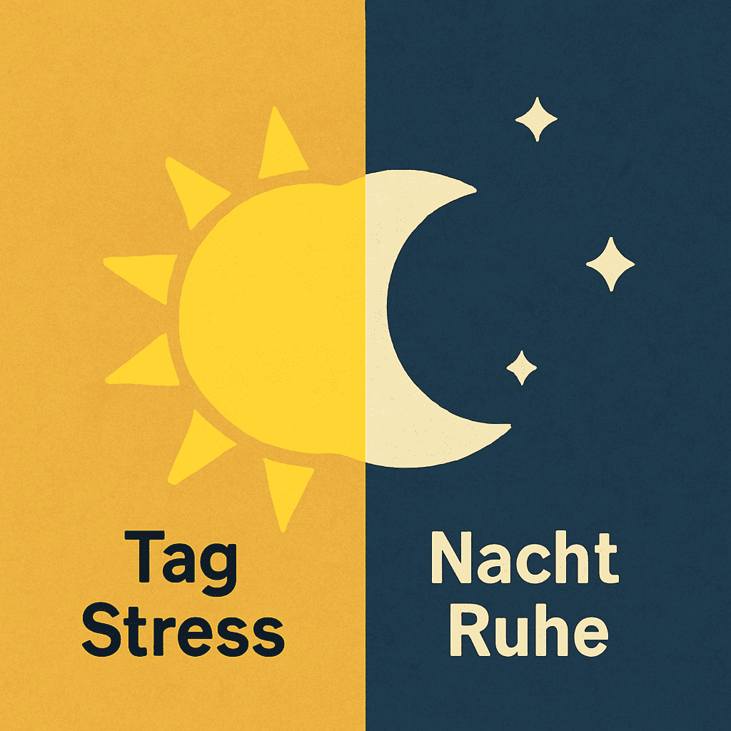 Eine einfache Grafik (kein Diagramm), die eine Sonne (Tag/Stress) und einen Mond (Nacht/Ruhe) zeigt, wobei die Sonne in die Nacht hineinragt.