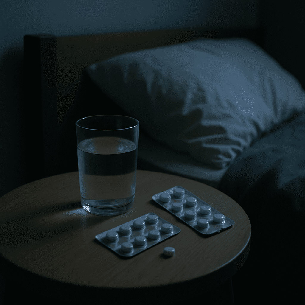 Pills and a glass of water on a nightstand in a darkened bedroom