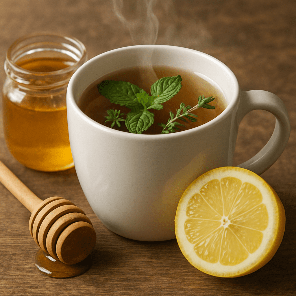 Heiße Tasse Kräutertee mit Honig und Zitrone als Hausmittel gegen Halsschmerzen