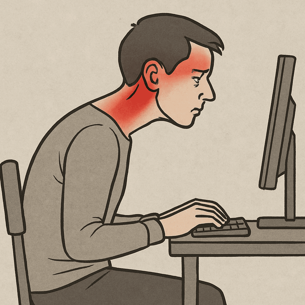 A person sitting at a desk showing 'forward head posture' with red highlight zones on the neck and temples.