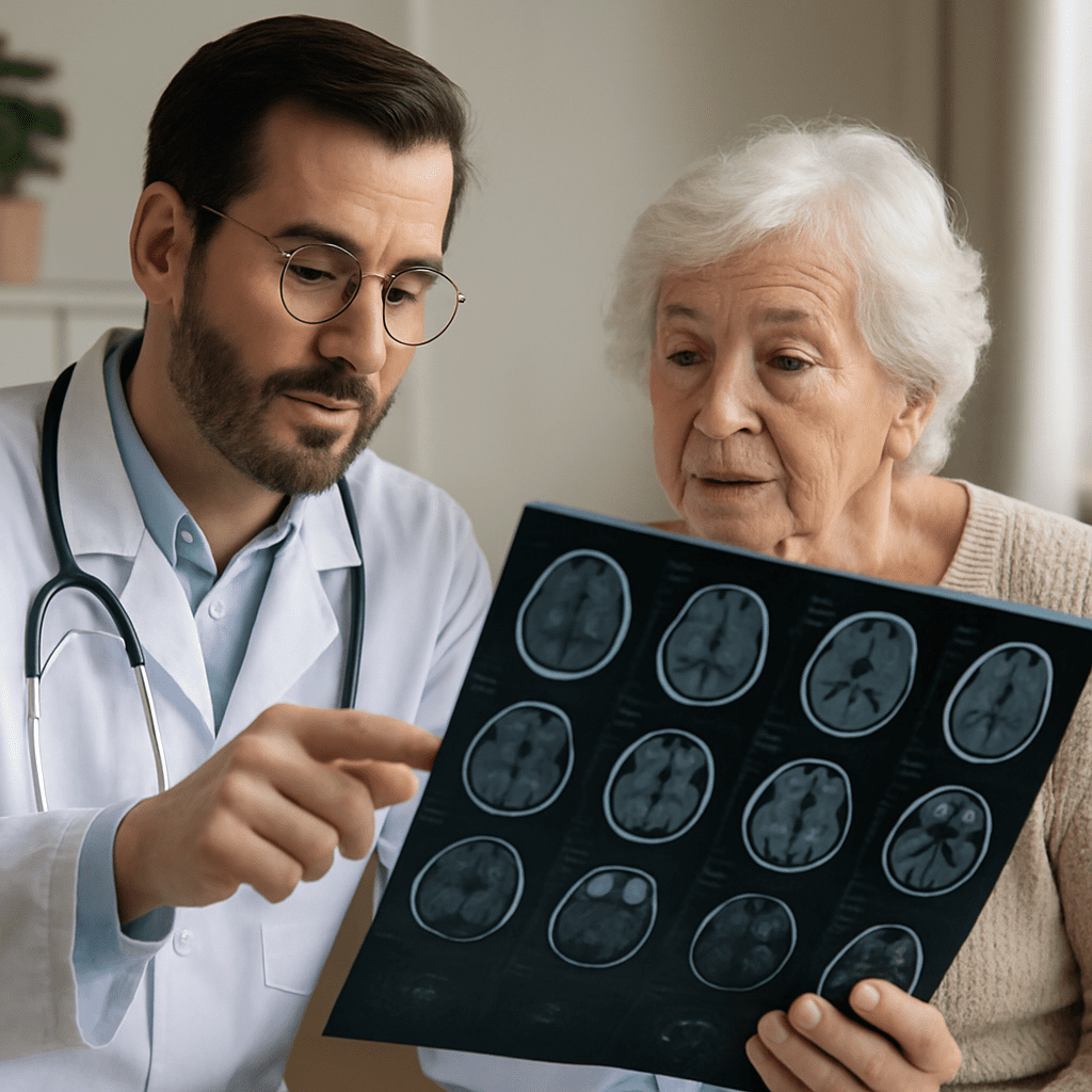 Arzt bespricht MRT-Aufnahmen des Gehirns mit einer älteren Patientin