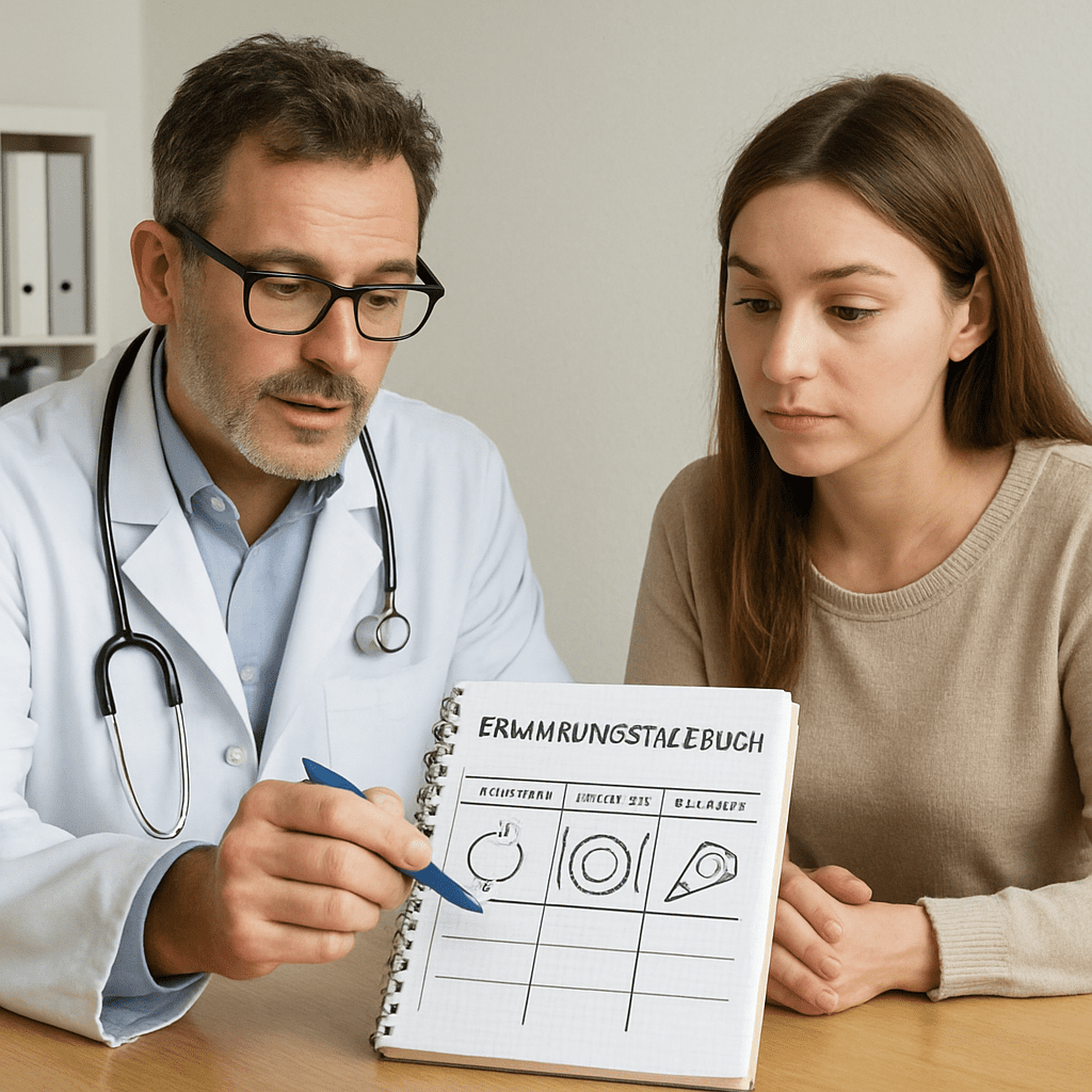 Arzt bespricht mit Patientin ein Ernährungstagebuch
