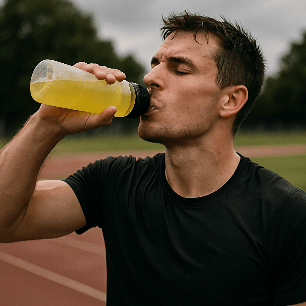 Sportler trinkt eine Elektrolytlösung nach einem anstrengenden Training