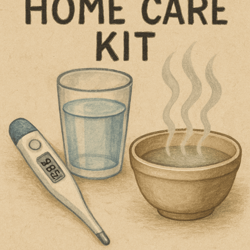 A 'Home Care Kit' showing a thermometer, a glass of water, and a steam inhalation bowl.